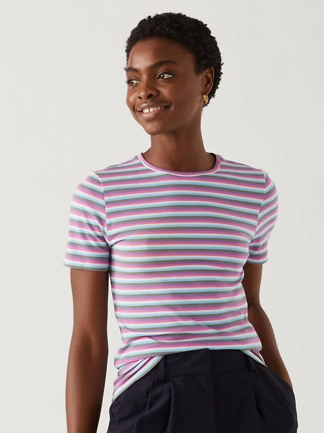 

Marks & Spencer Striped Round Neck Regular Fit T-shirt, Pink