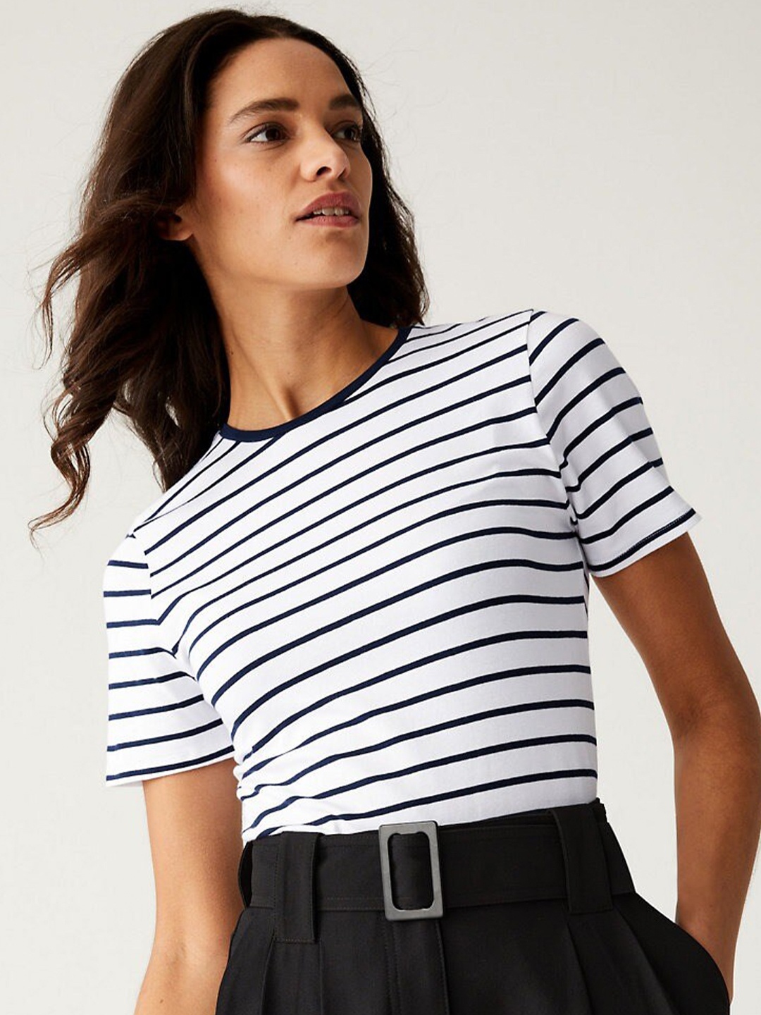 

Marks & Spencer Striped Round Neck Regular Fit T-shirt, White