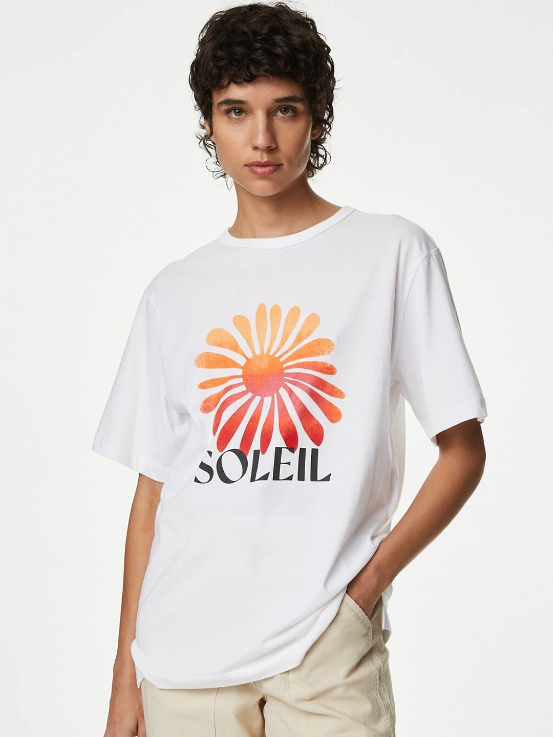

Marks & Spencer Typography Printed Drop-Shoulder Sleeves Cotton T-shirt, White