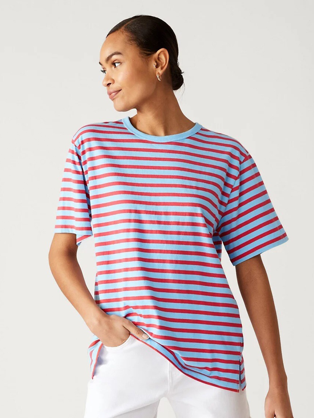 

Marks & Spencer Striped Round Neck Oversized Pure Cotton T-shirt, Blue
