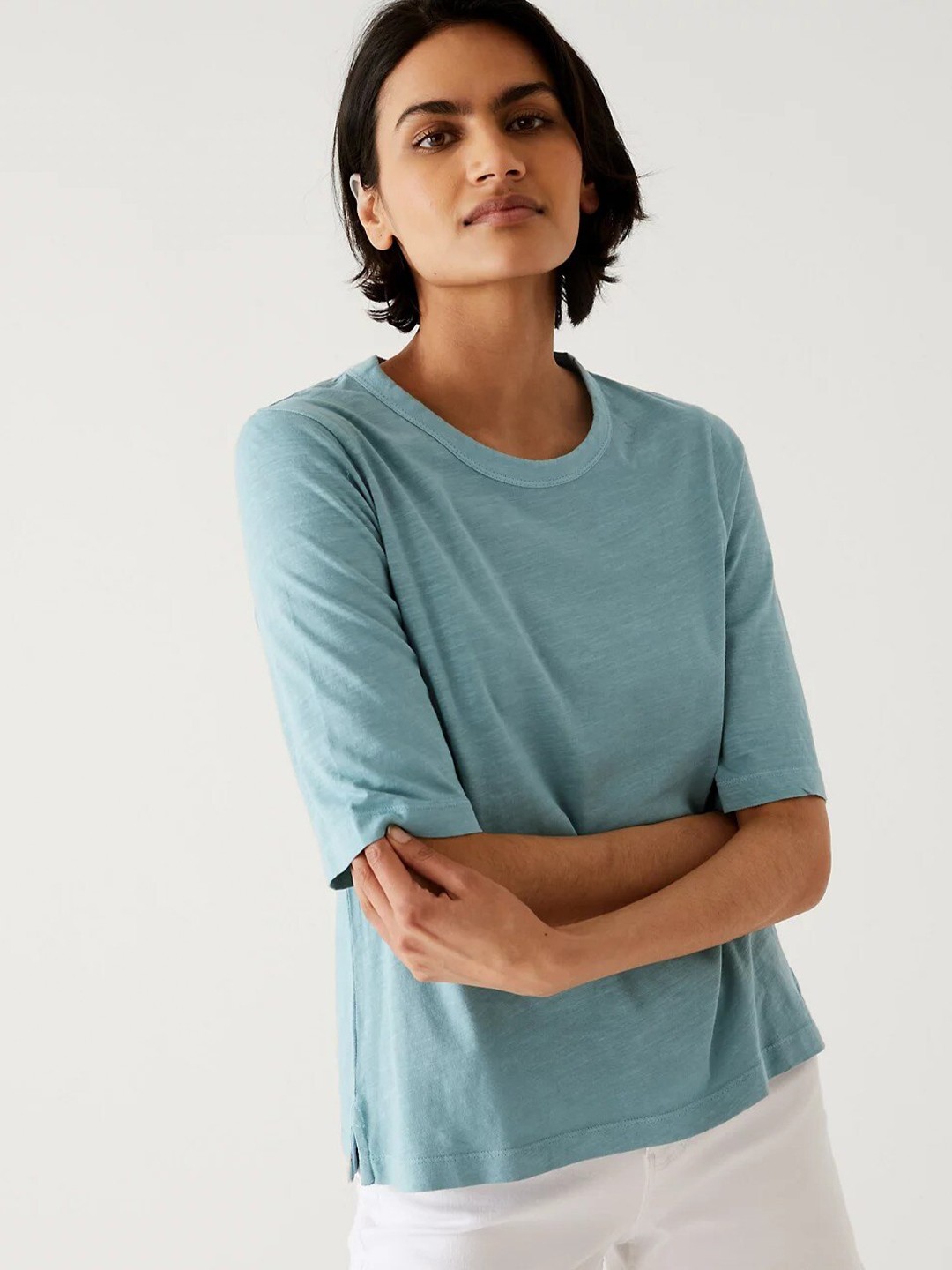 

Marks & Spencer Striped Round Neck Cotton T-shirt, Blue