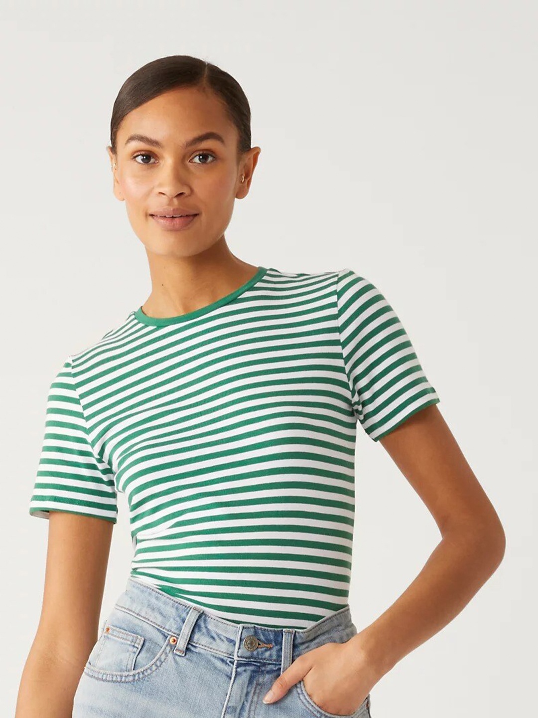 

Marks & Spencer Striped Round Neck Cotton T-shirt, Green