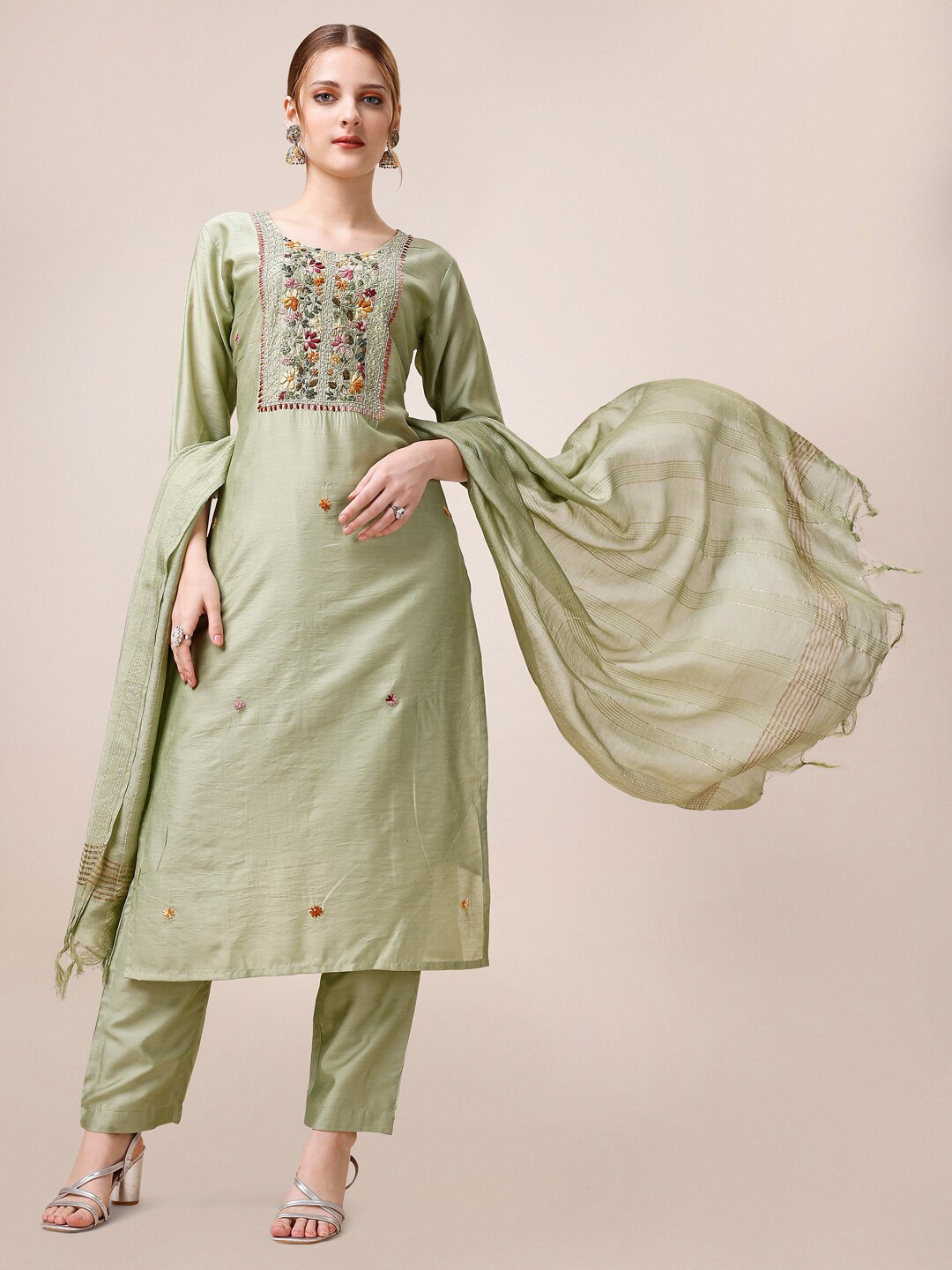 

Berrylicious Yoke Design Embroidered Chanderi Cotton Kurta with Trousers & With Dupatta, Green