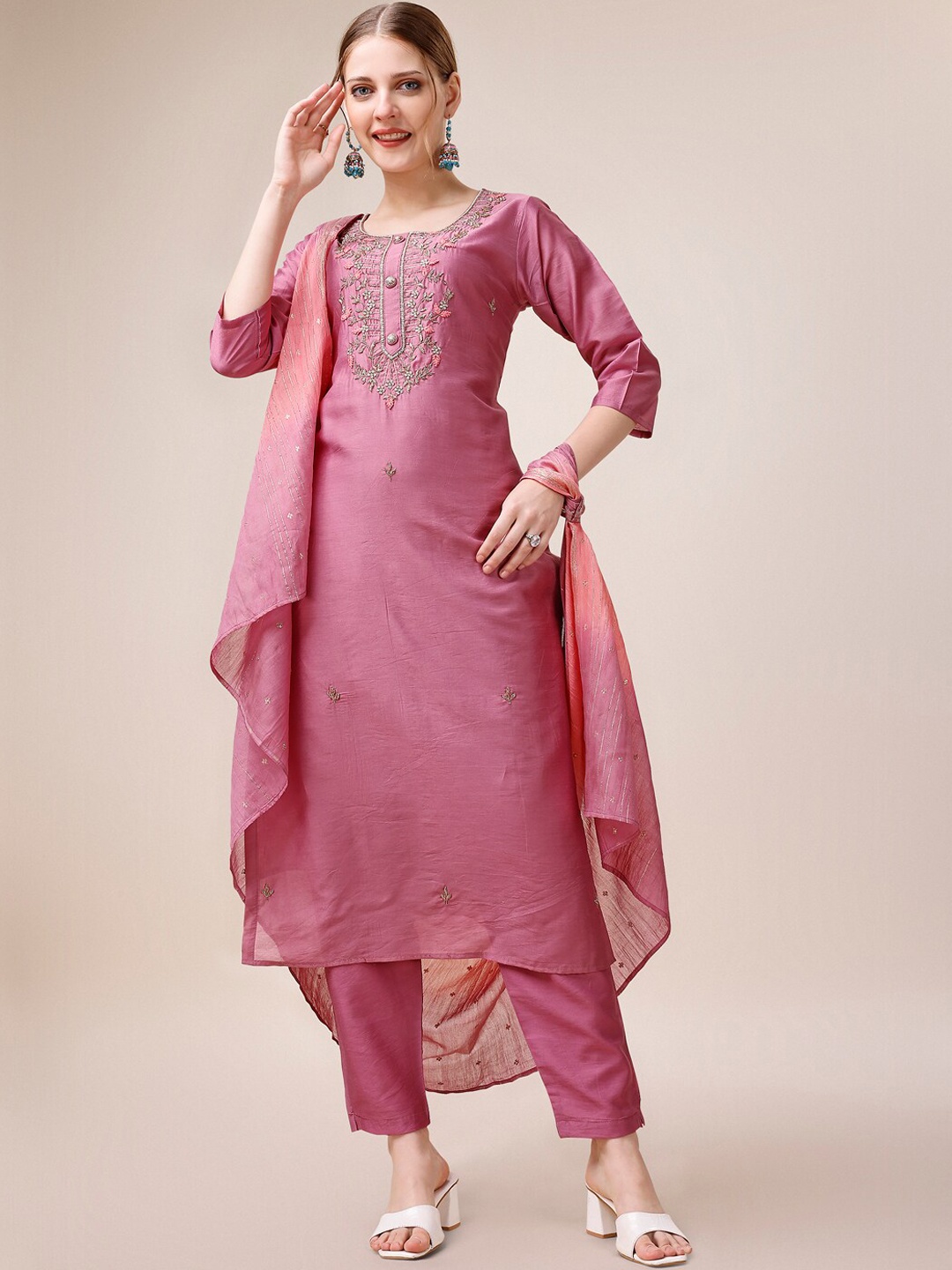 

Berrylicious Yoke Design Embroidered Chanderi Cotton Kurta with Trousers & With Dupatta, Lavender