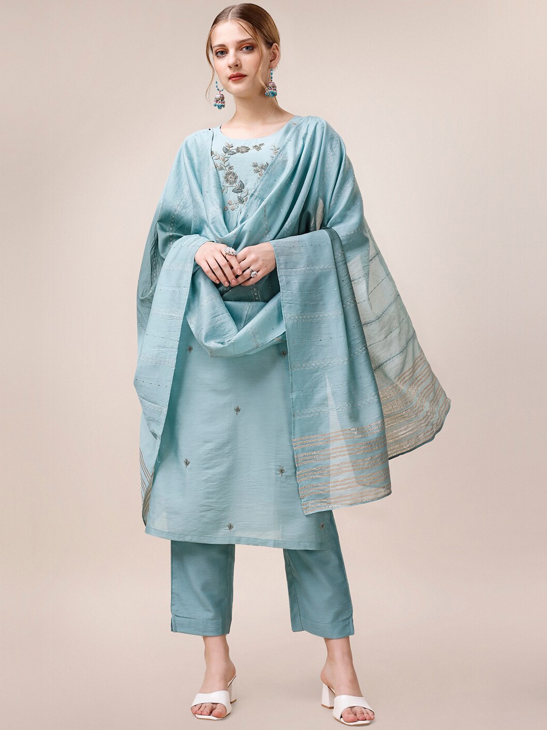 

Berrylicious Yoke Design Thread Work Chanderi Cotton Kurta With Trousers & Dupatta, Blue