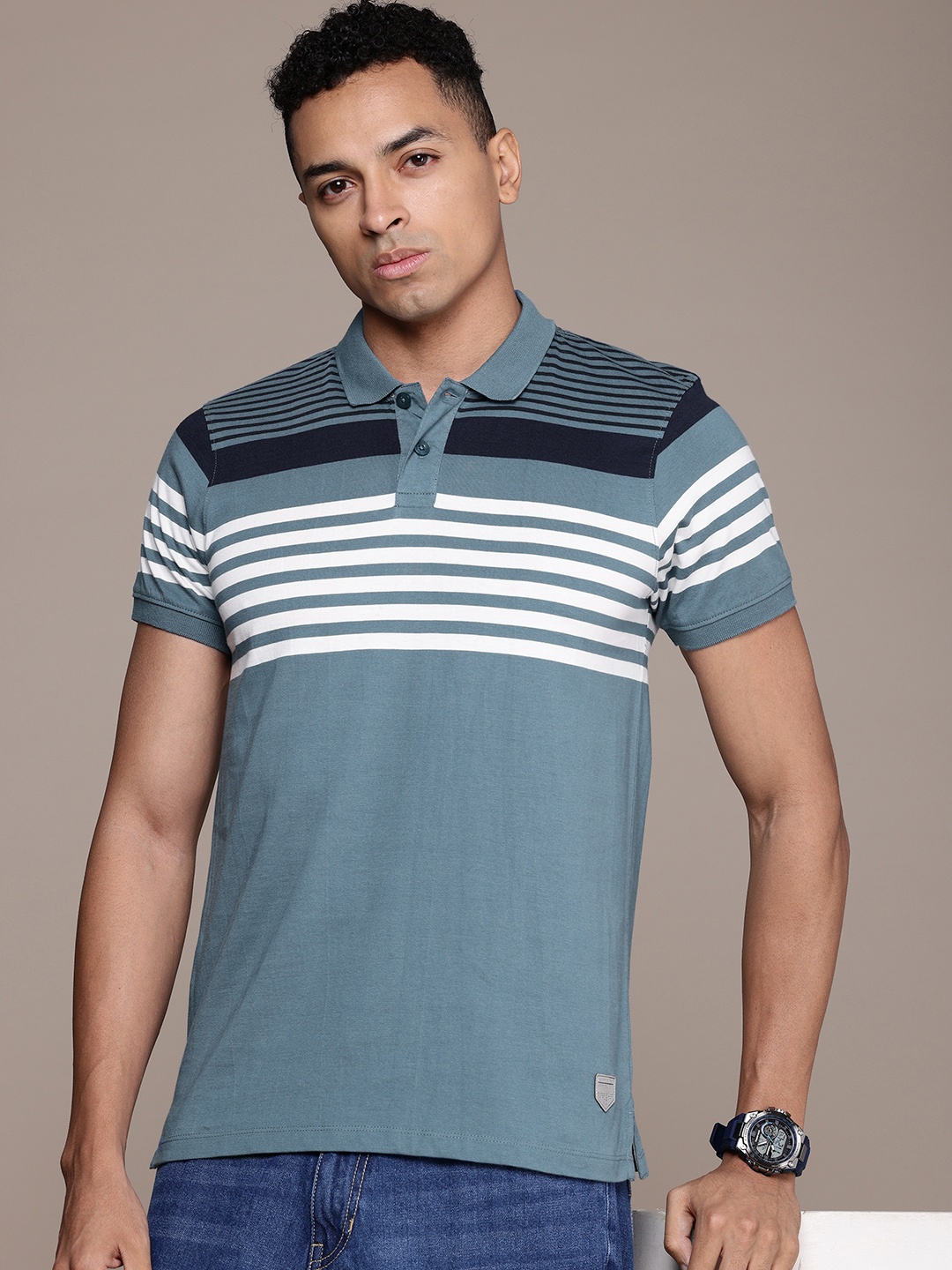 

The Roadster Life Co. Striped Polo Collar Pure Cotton T-shirt, Blue