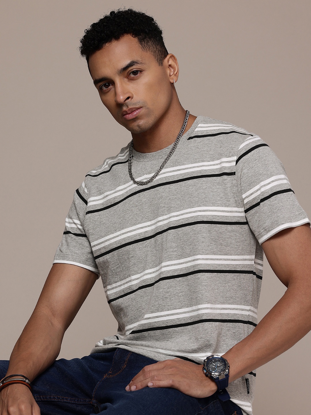 

The Roadster Life Co. Striped T-shirt, Grey melange