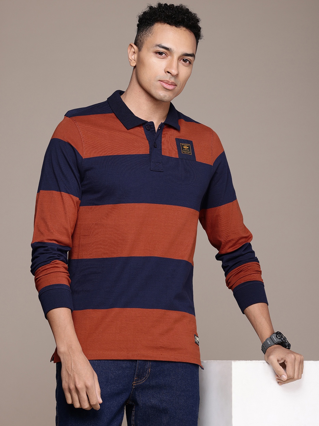 

The Roadster Life Co. Striped Polo Collar Pure Cotton T-shirt, Brown