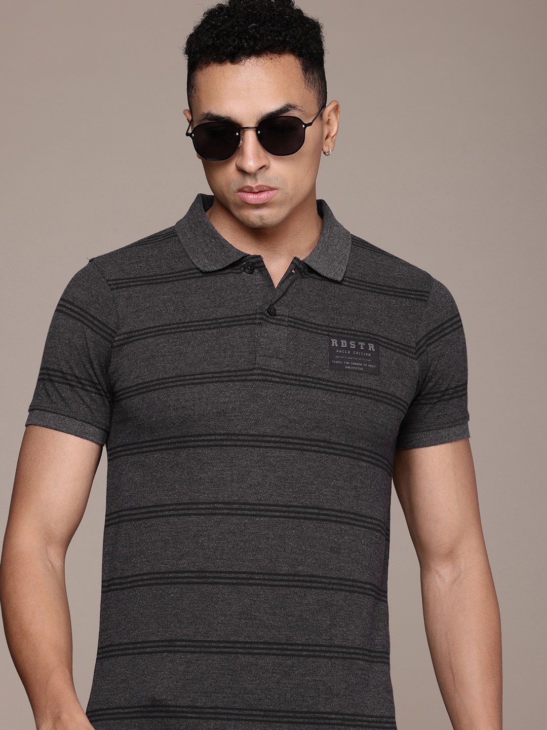 

The Roadster Lifestyle Co. Striped Polo Collar Pure Cotton T-shirt, Charcoal