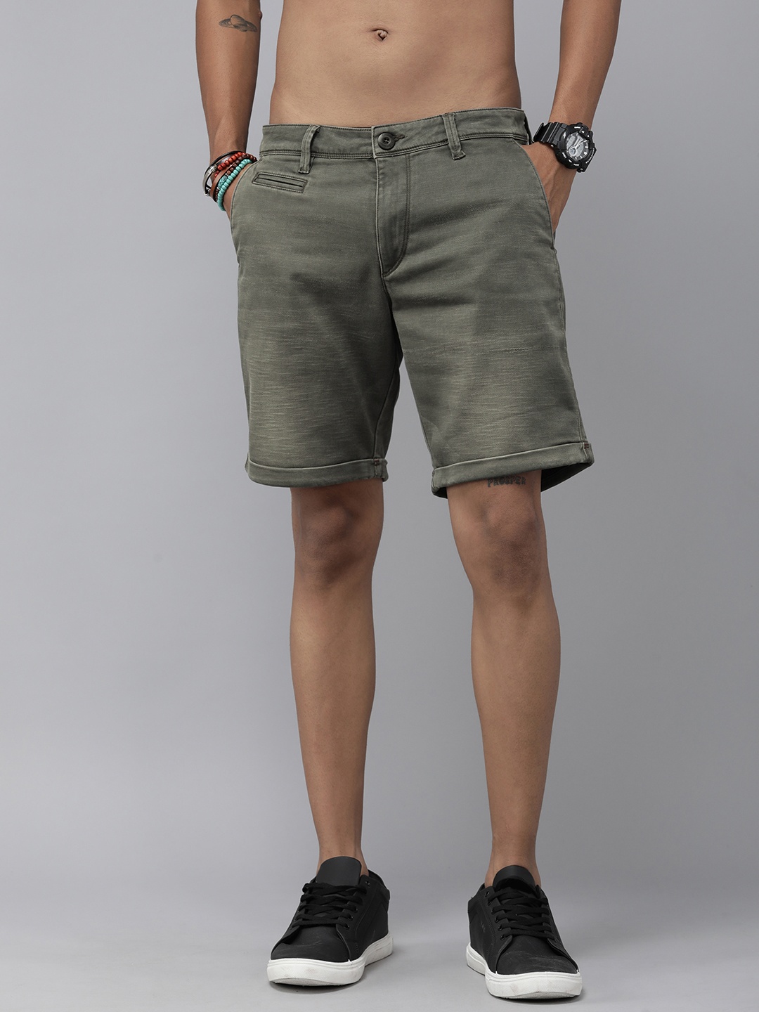

The Roadster Life Co. Men Solid Mid-Rise Above Knee Shorts, Olive