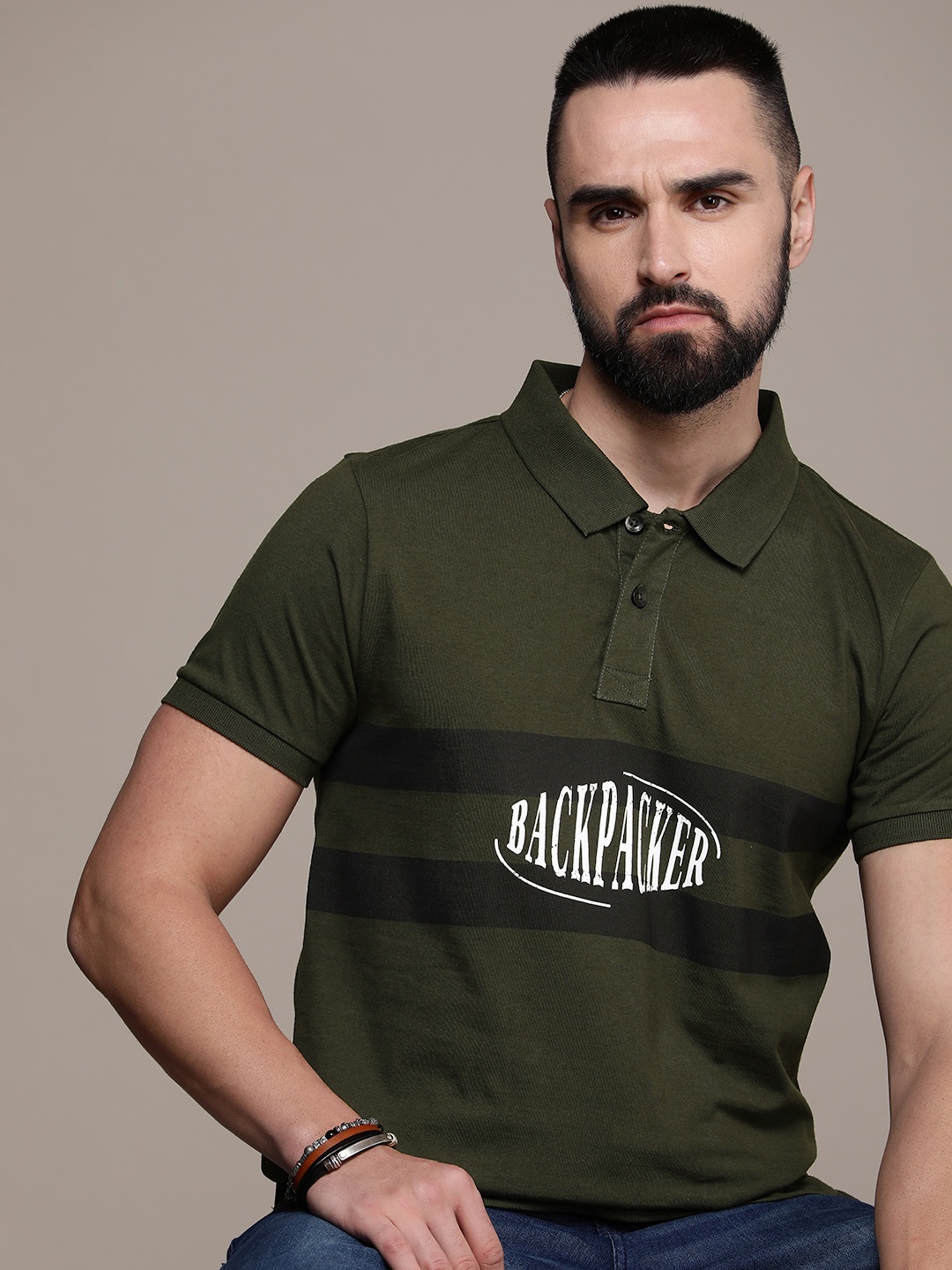 

The Roadster Life Co. Typography Printed Polo Collar Pure Cotton T-shirt, Green