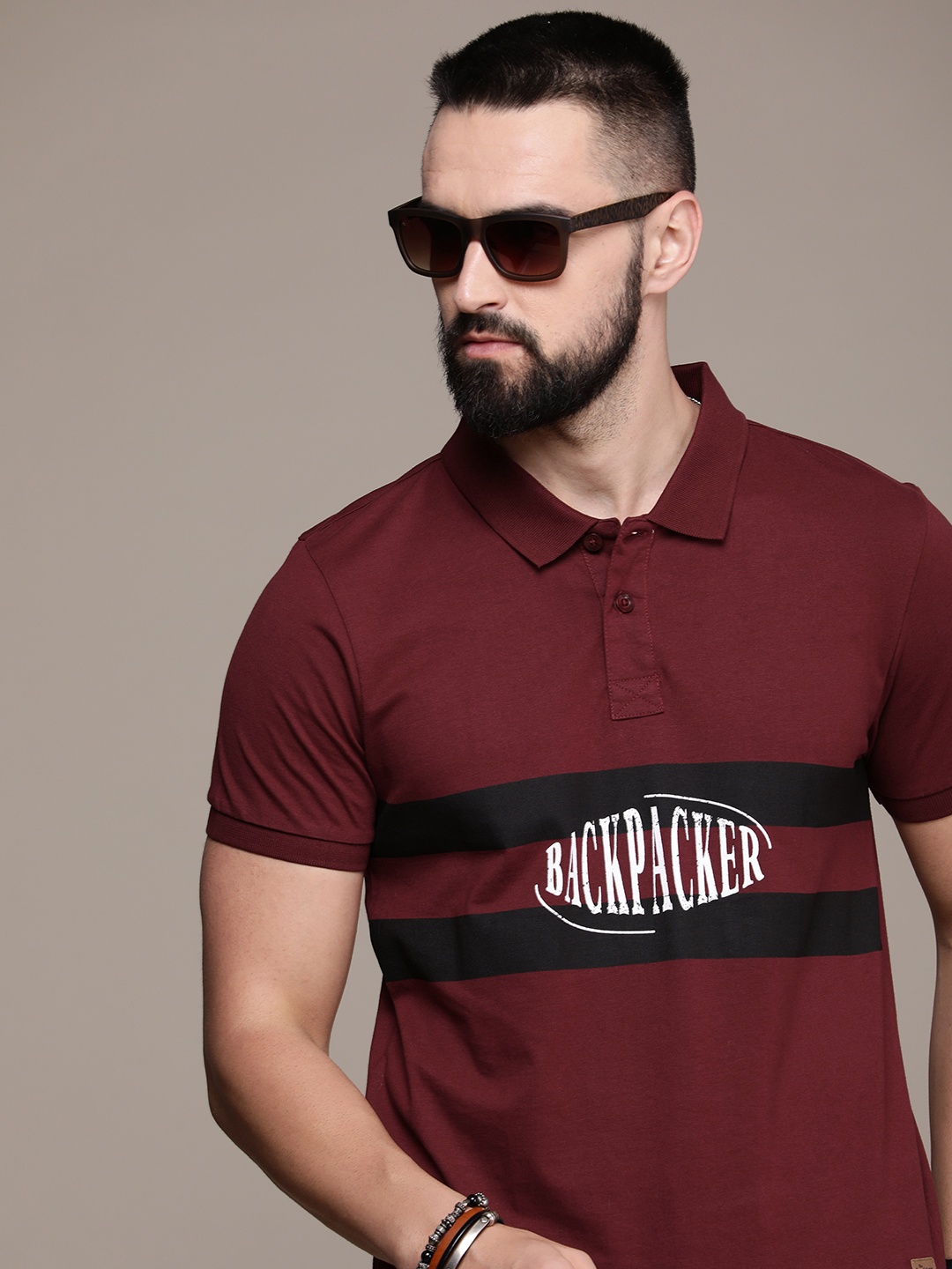 

The Roadster Life Co. Typography Printed Polo Collar Pure Cotton T-shirt, Maroon