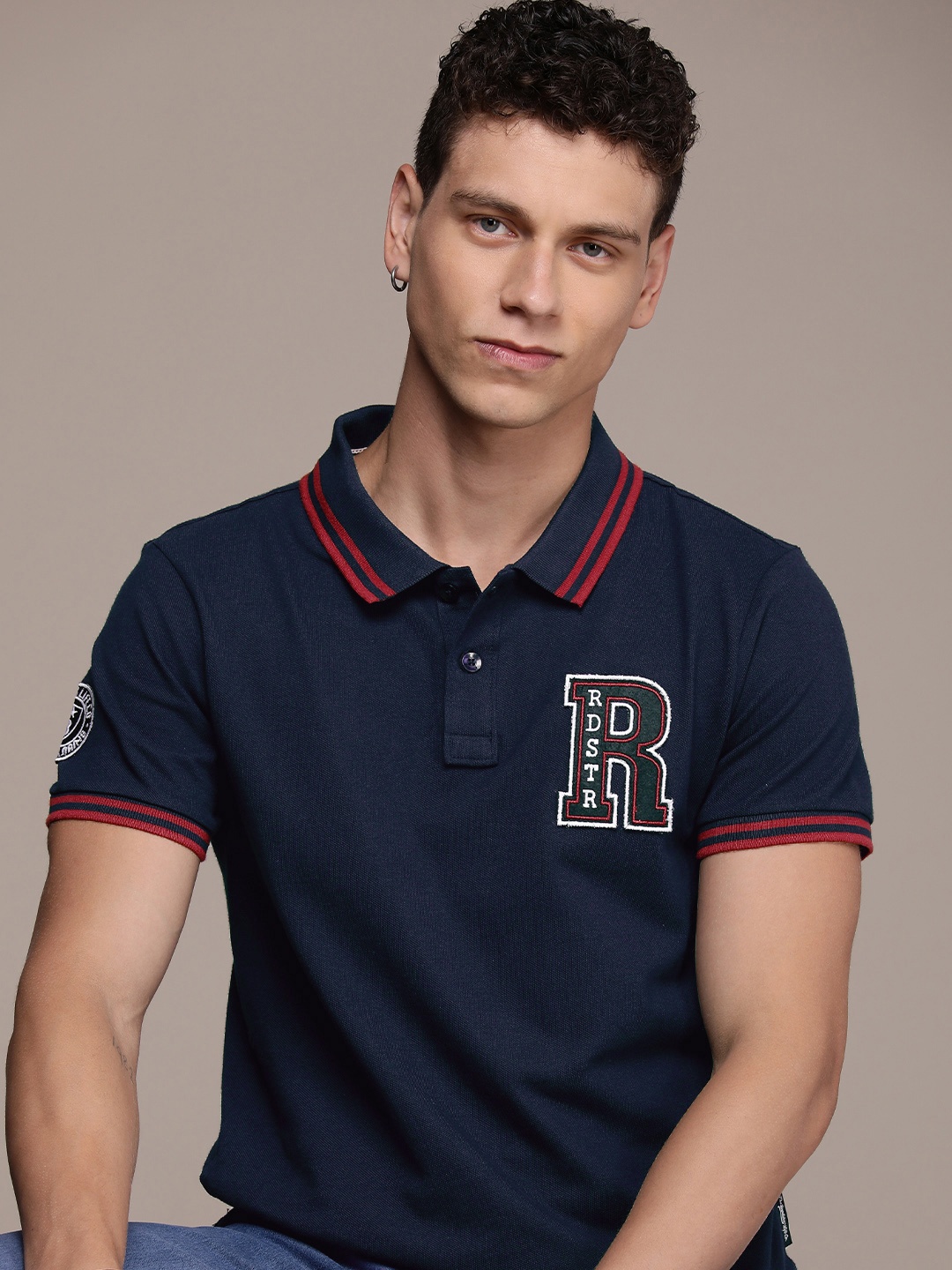 

The Roadster Life Co. Polo Collar Pure Cotton Applique Detail T-shirt, Navy blue