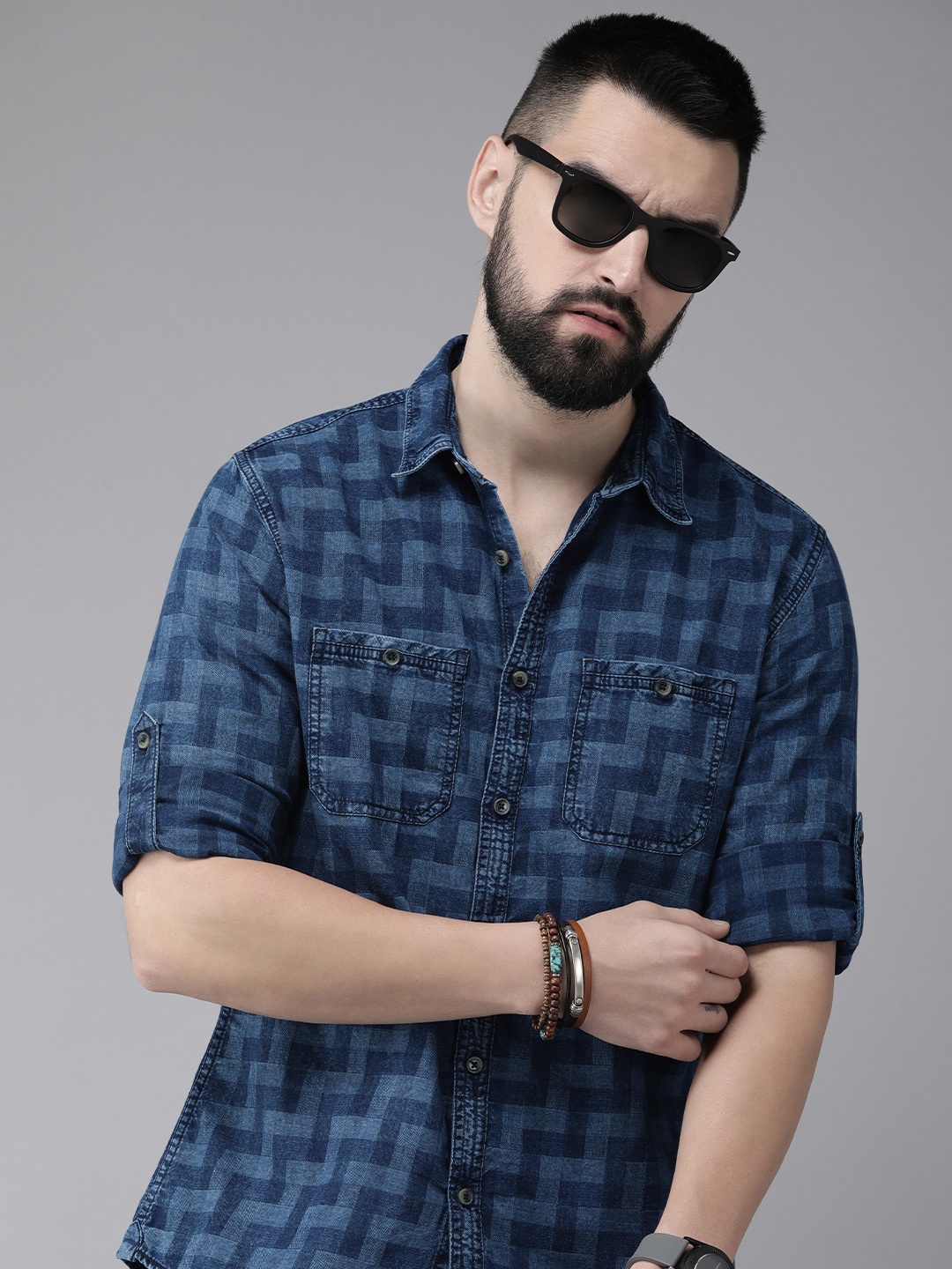 

The Roadster Life Co. Checked Pure Cotton Chambray Casual Shirt, Blue