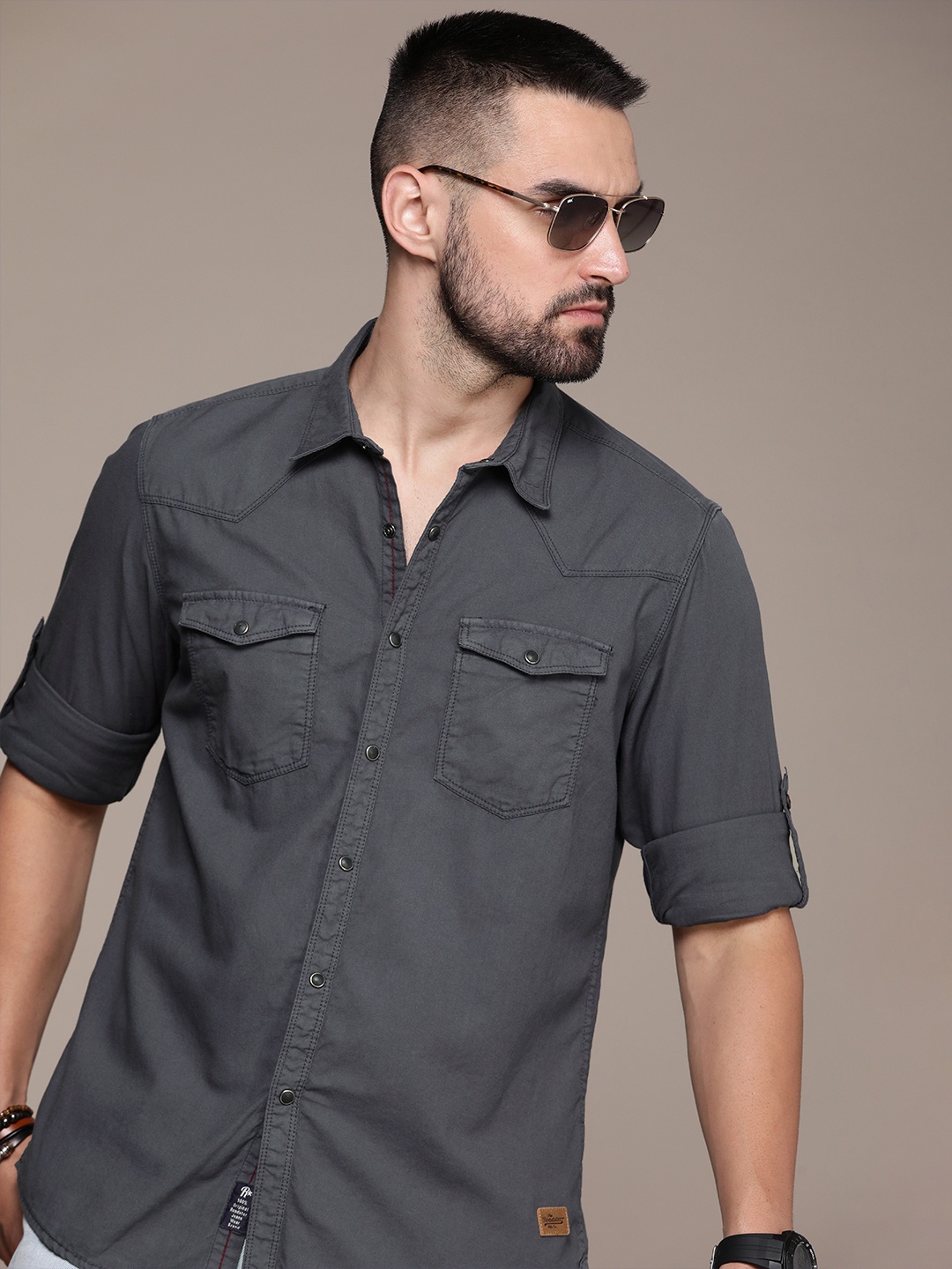

The Roadster Lifestyle Co. Men Pure Cotton Casual Shirt, Charcoal