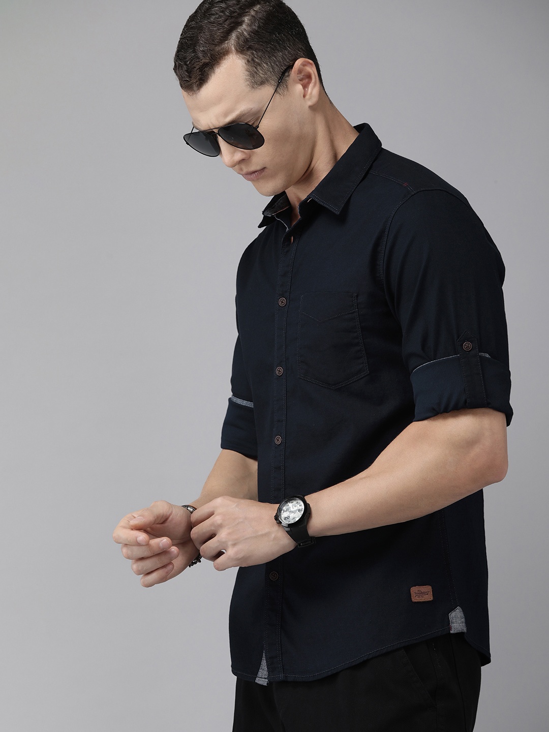 

The Roadster Life Co. Self Design Knitted Spread Collar Casual Shirt, Navy blue