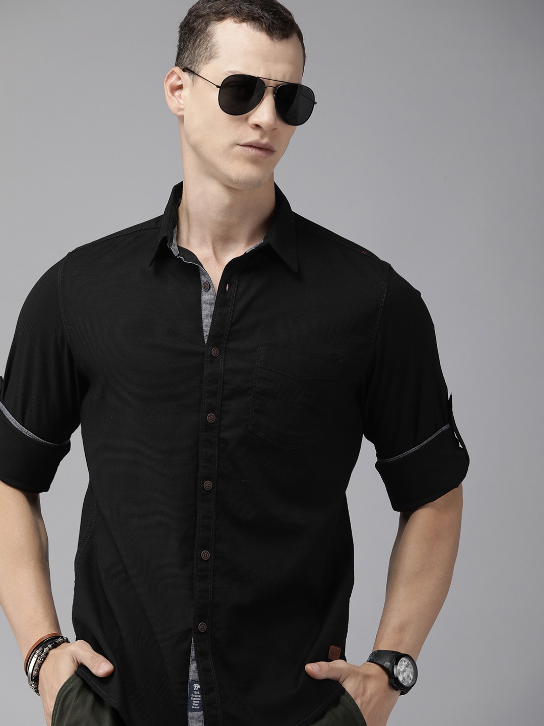 

The Roadster Life Co. Self Design Knitted Spread Collar Casual Shirt, Black