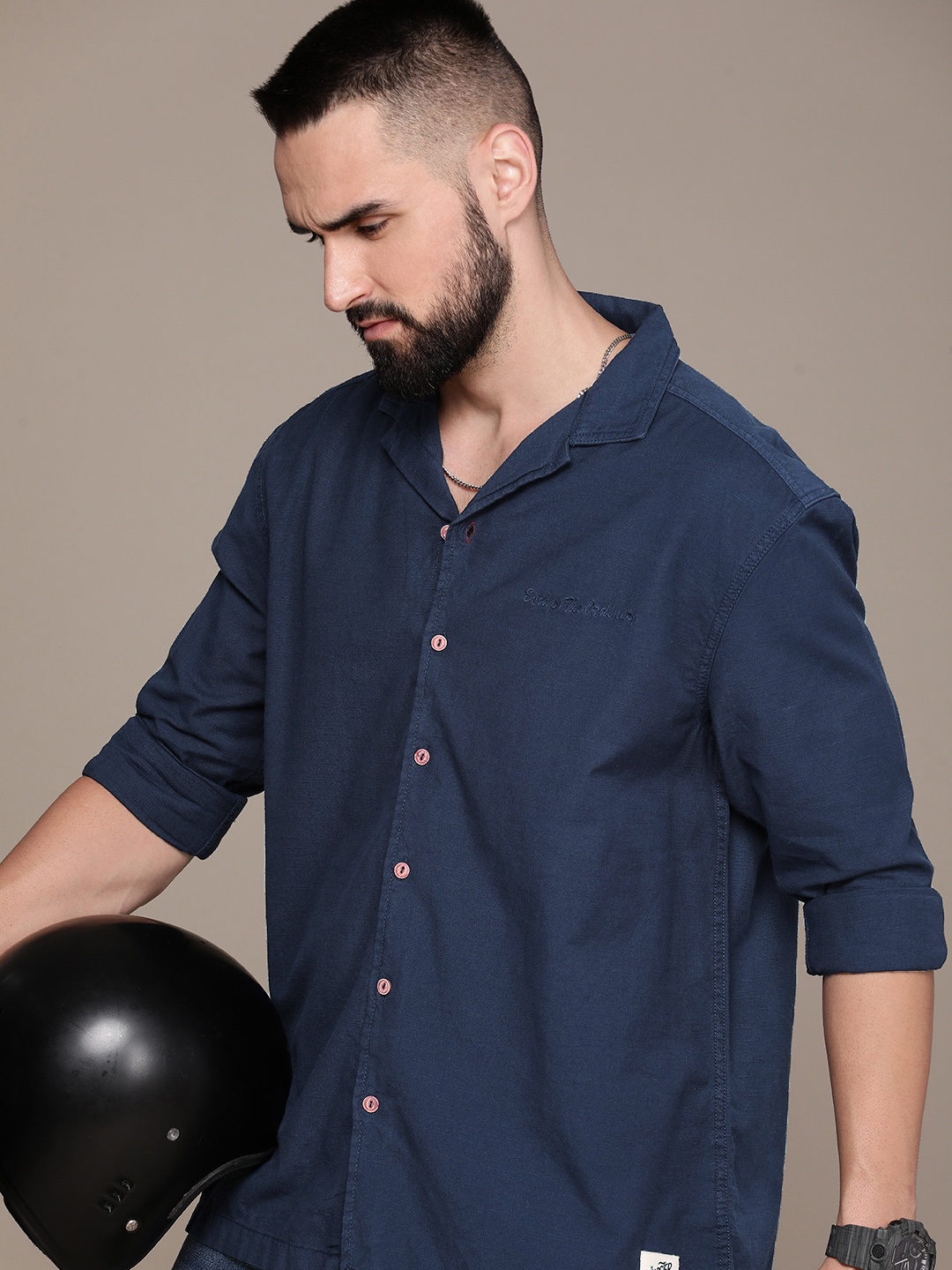

The Roadster Life Co. Pure Cotton Cuban Collar Casual Shirt, Navy blue