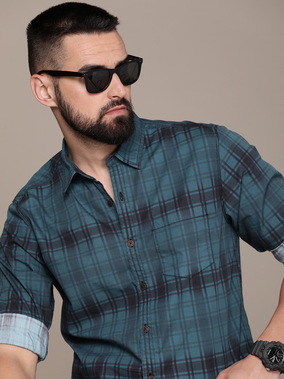 

The Roadster Life Co. Pure Cotton Checked Casual Shirt, Teal