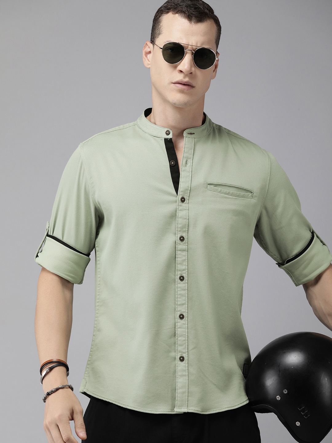 

The Roadster Life Co. Self Design Band-Collar Casual Shirt, Olive