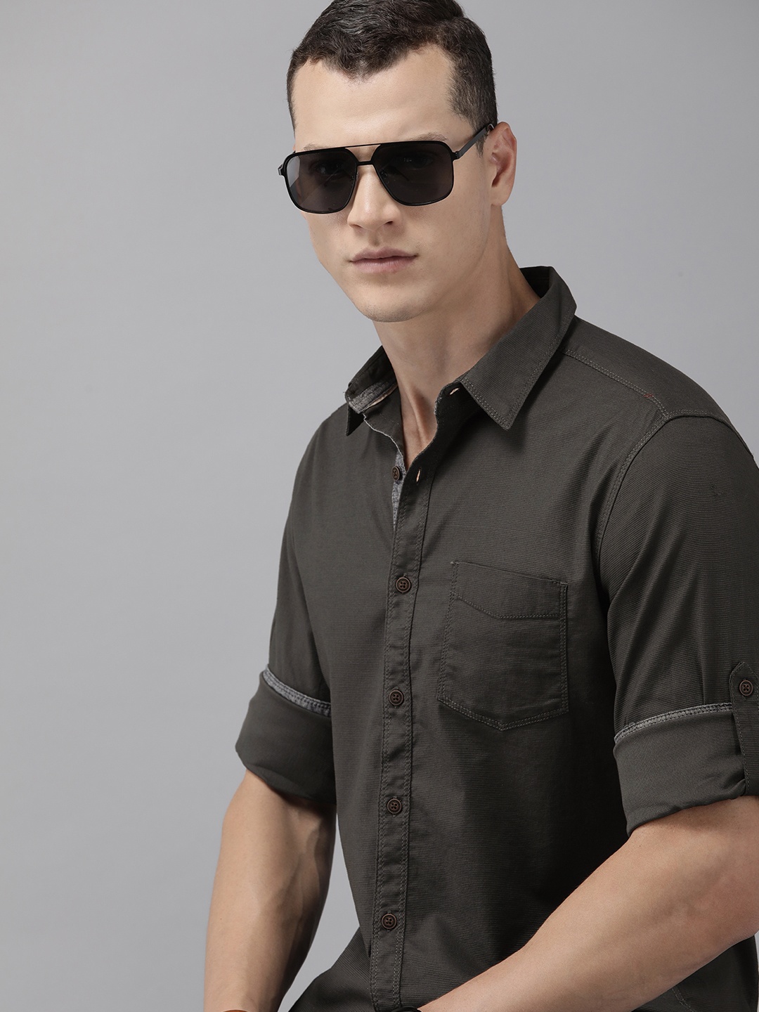 

The Roadster Life Co. Self Design Roll-Up Sleeves Casual Shirt, Charcoal