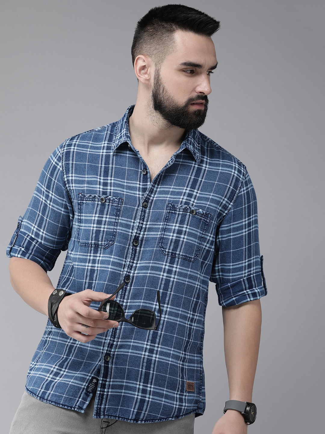 

The Roadster Life Co. Pure Cotton Checked Casual Shirt, Blue