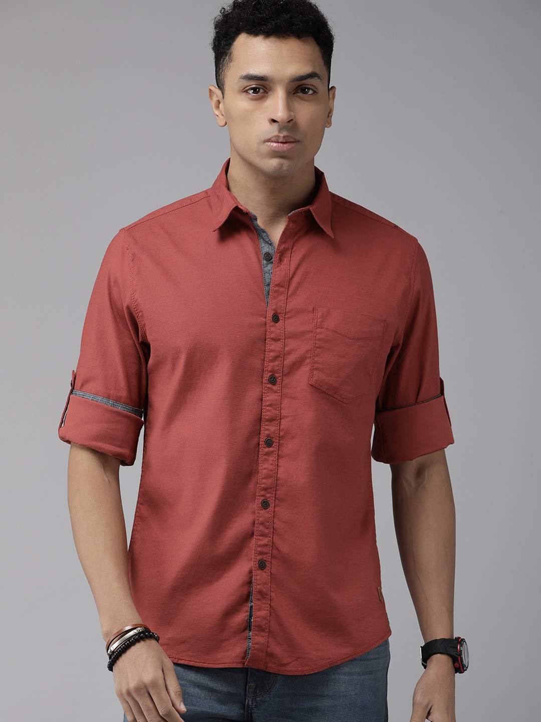 

The Roadster Life Co. Self Design Roll-Up Sleeves Casual Shirt, Rust