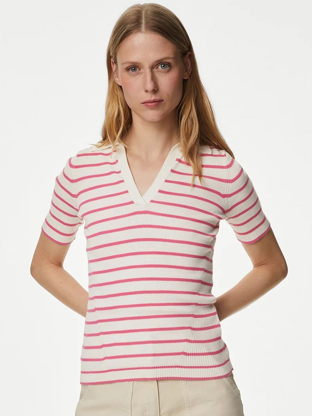 

Marks & Spencer Striped V-neck Short Sleeve Top, Pink