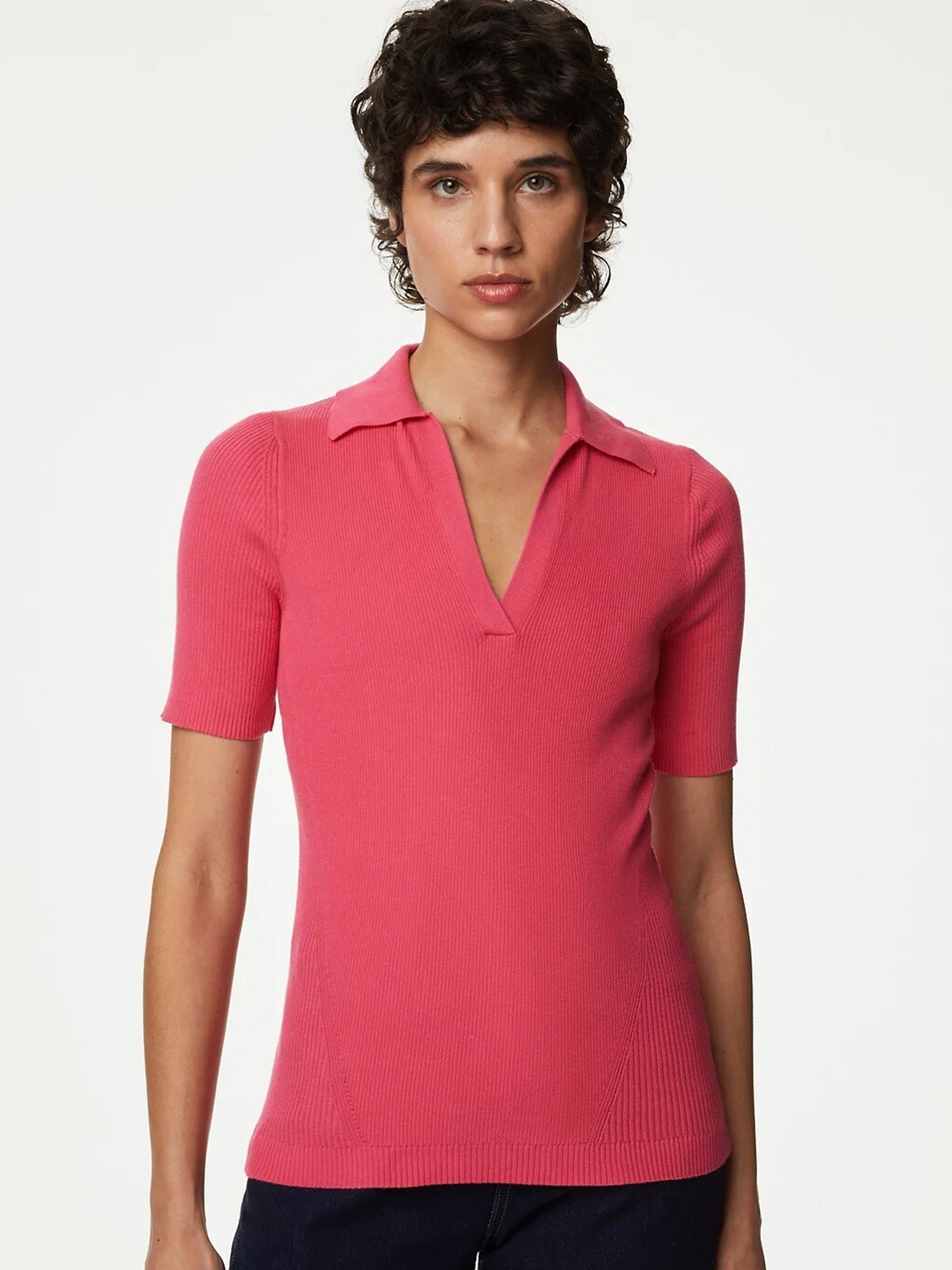 

Marks & Spencer Ribbed Shirt Collar Top, Pink