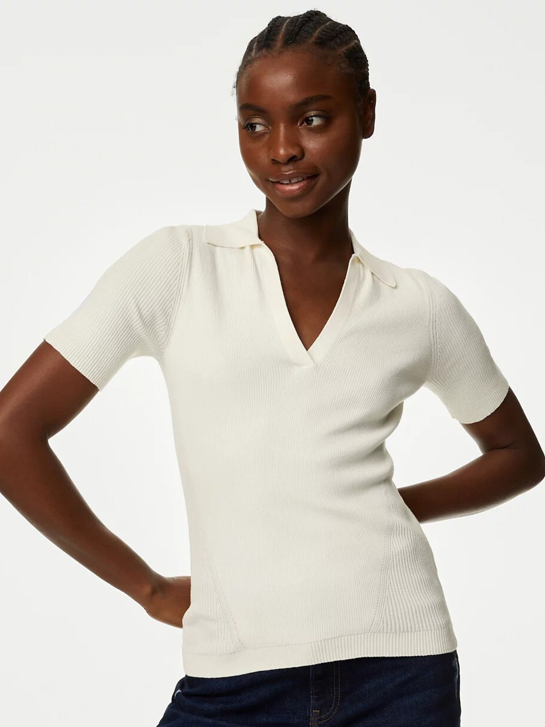 

Marks & Spencer Ribbed Shirt Collar Top, White