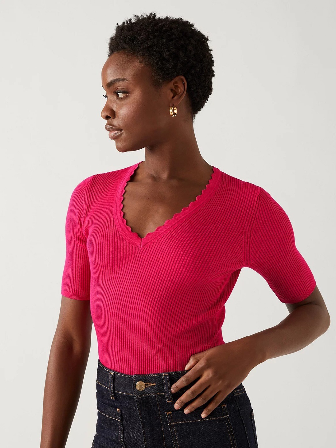 

Marks & Spencer Ribbed V-Neck Short Sleeve Top, Red