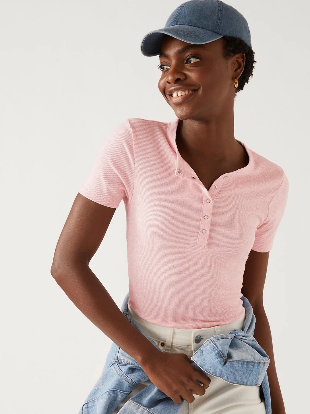 

Marks & Spencer Self design Henley Neck Top, Pink