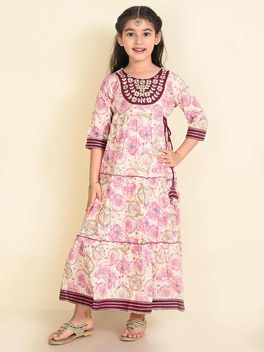 

LIL PITAARA Girls Floral Printed Yoke Embroidered Tiered Maxi Dress, Purple
