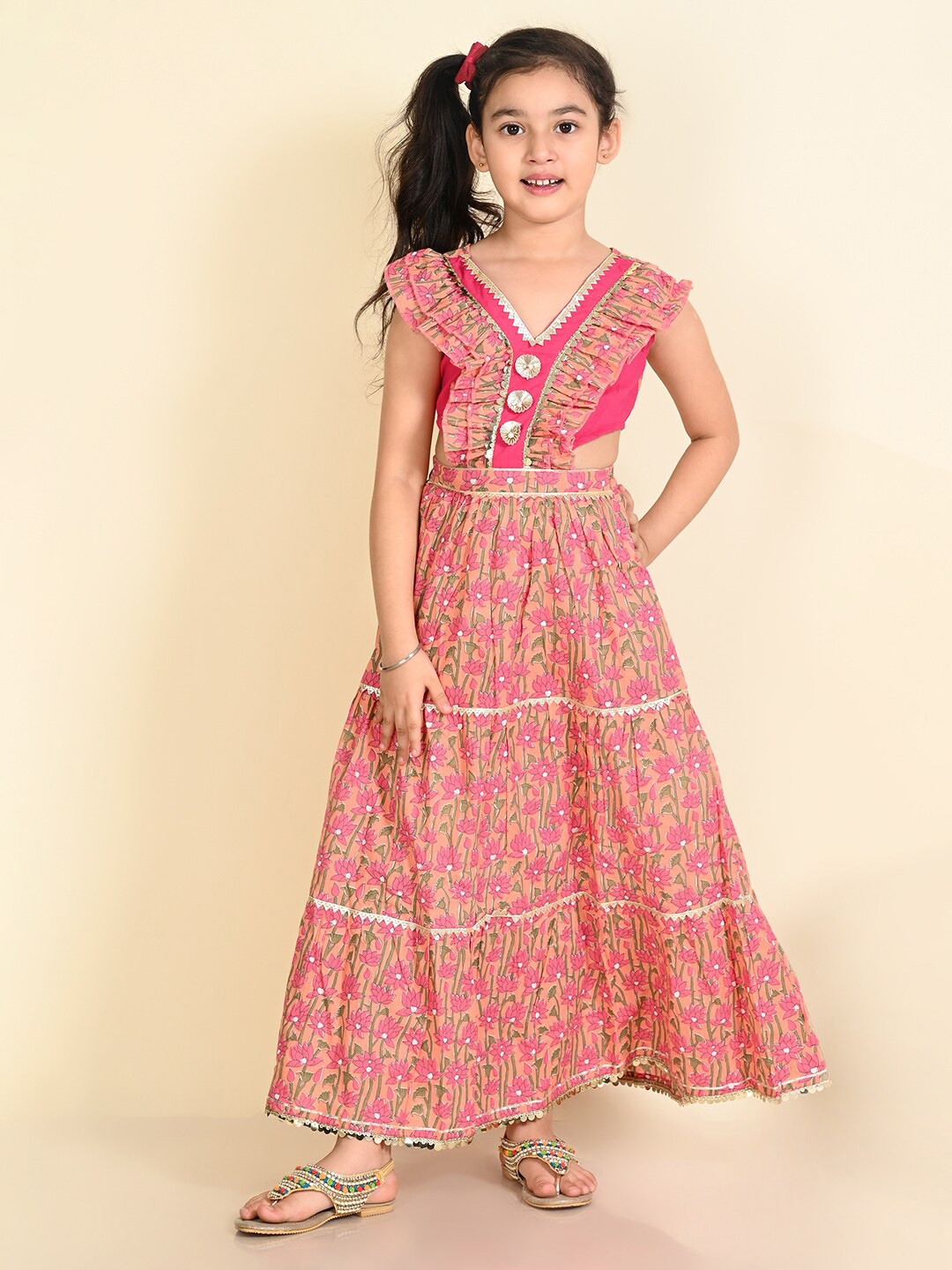 

LIL PITAARA Girls Floral Printed V-Neck Gotta Patti Ruffled Maxi Dress, Pink