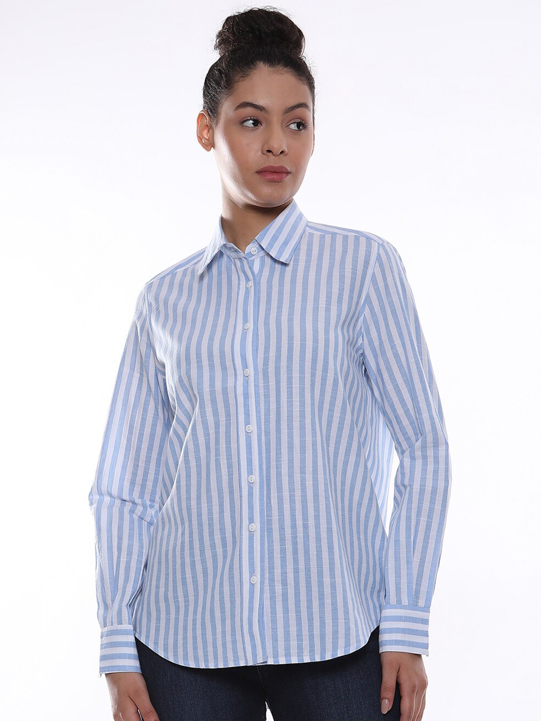 

Gazillion Vertical Stripes Striped Spread Collar Comfort Cotton Casual Shirt, Blue