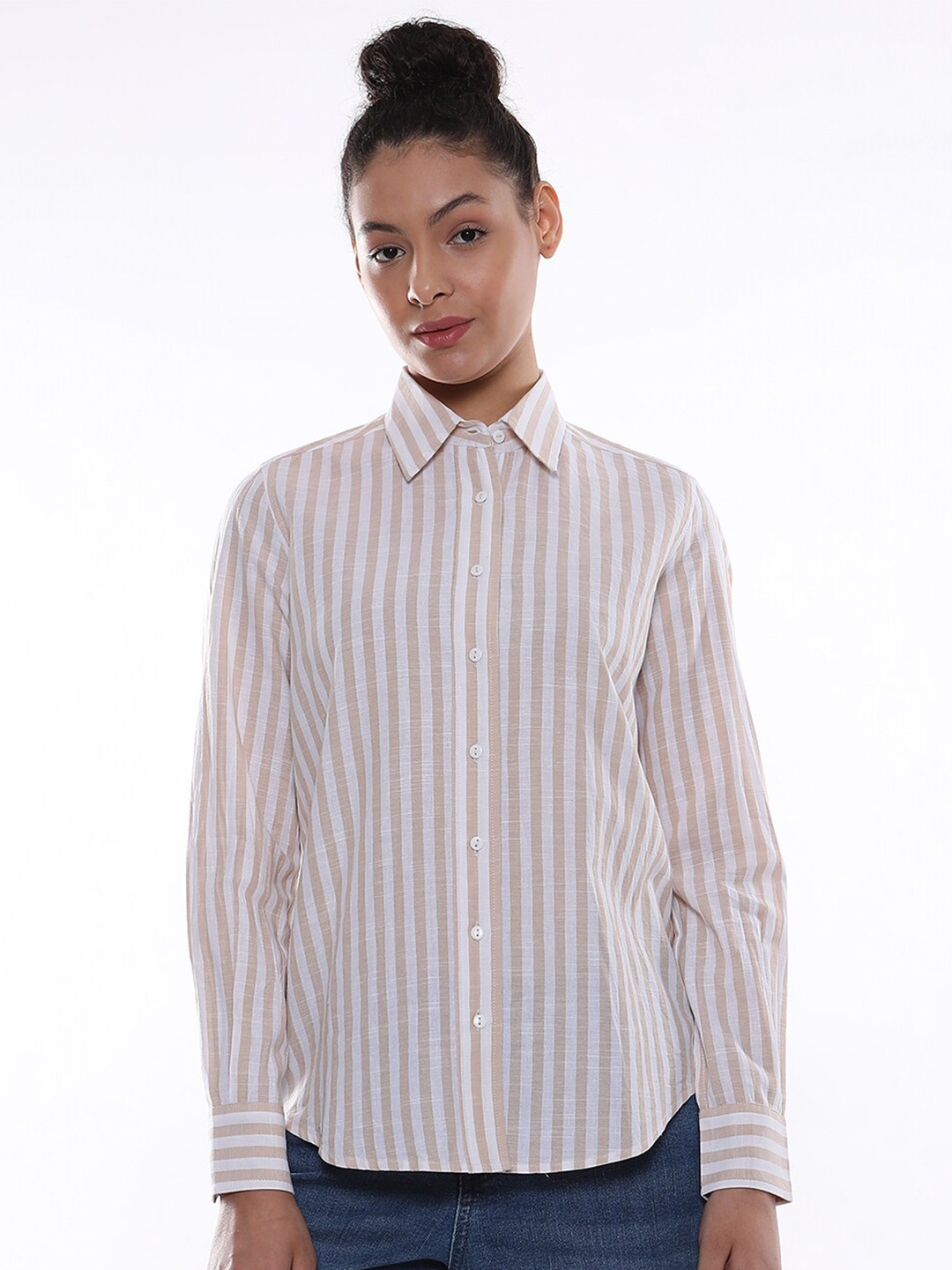 

Gazillion Vertical Stripes Striped Spread Collar Comfort Cotton Casual Shirt, Beige