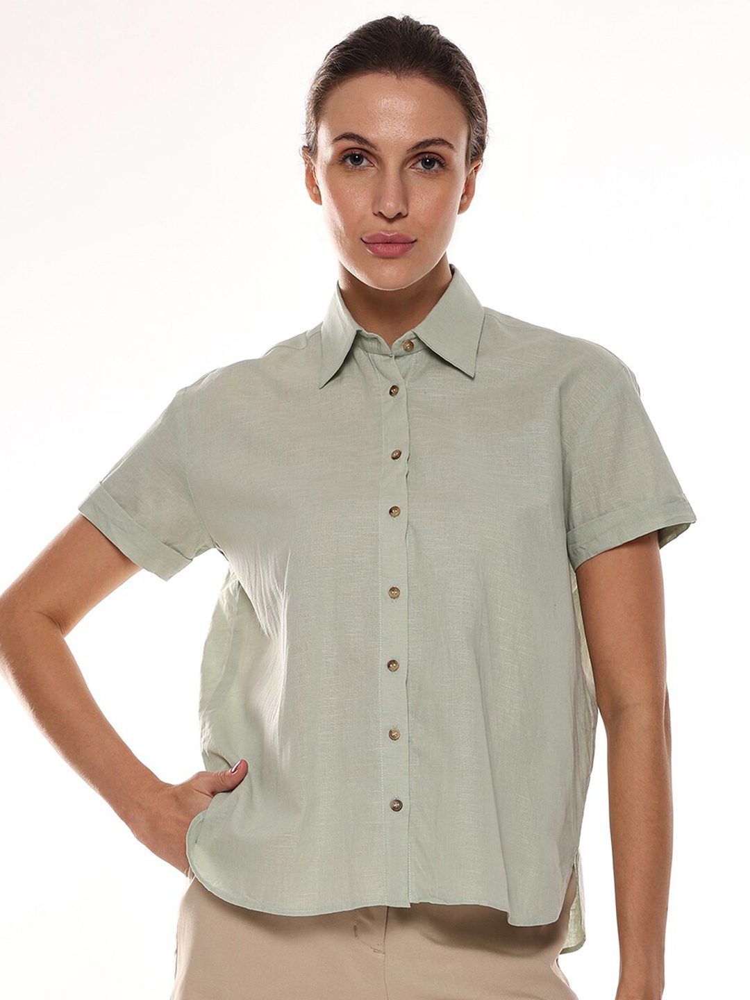 

Gazillion Spread Collar Relaxed Cotton Casual Boxy Fit Shirt, Green