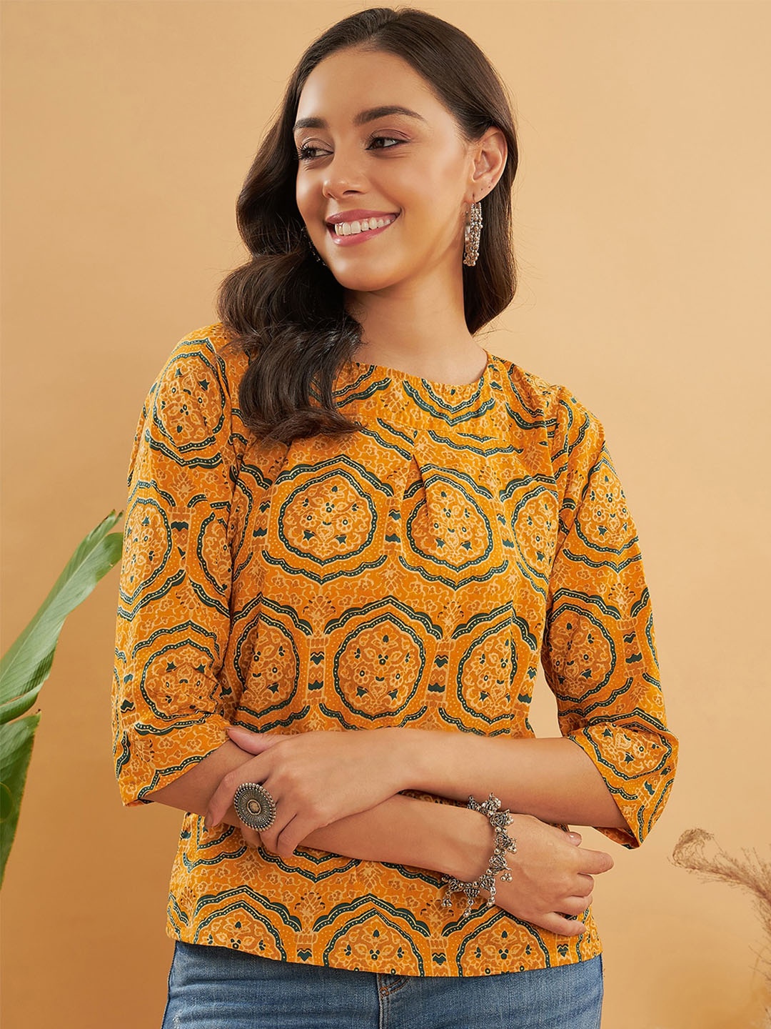 

InWeave Ethnic Motifs Printed Round Neck Top, Yellow