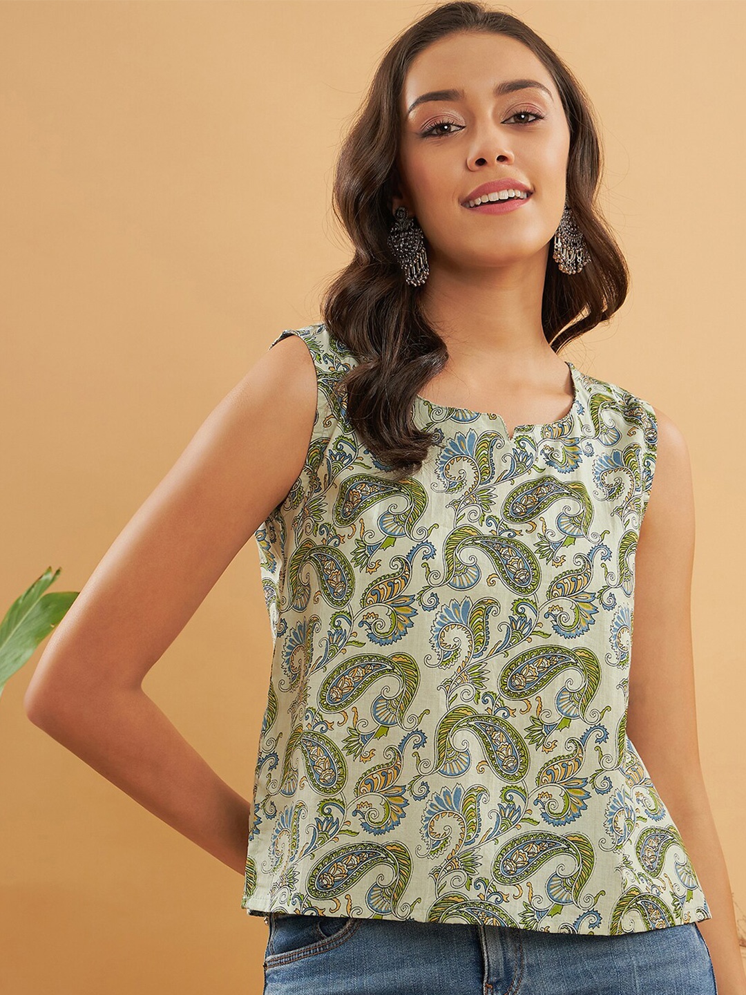 

InWeave Paisley Printed Round Neck Top, Green