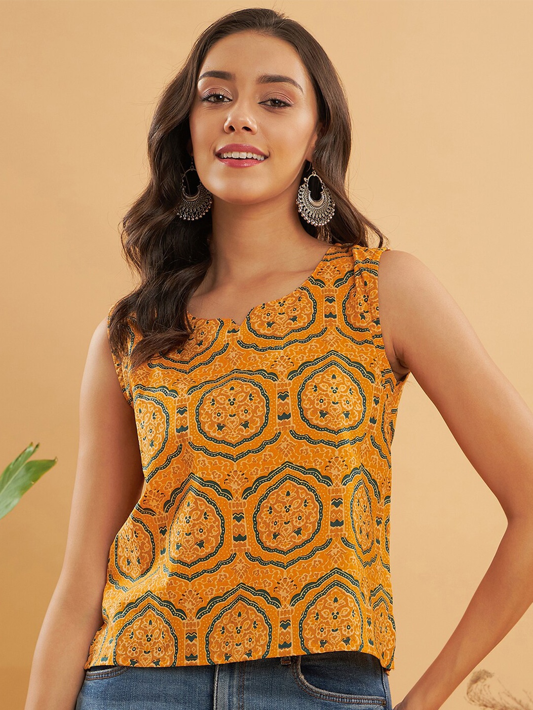 

InWeave Ethnic Motifs Printed Round Neck Top, Yellow