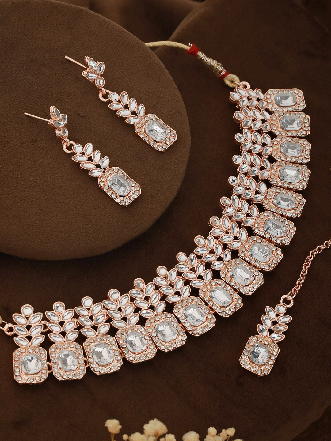 

Priyaasi Rose Gold-Plated Stone-Studded Necklace & Earrings With Maang Tikka