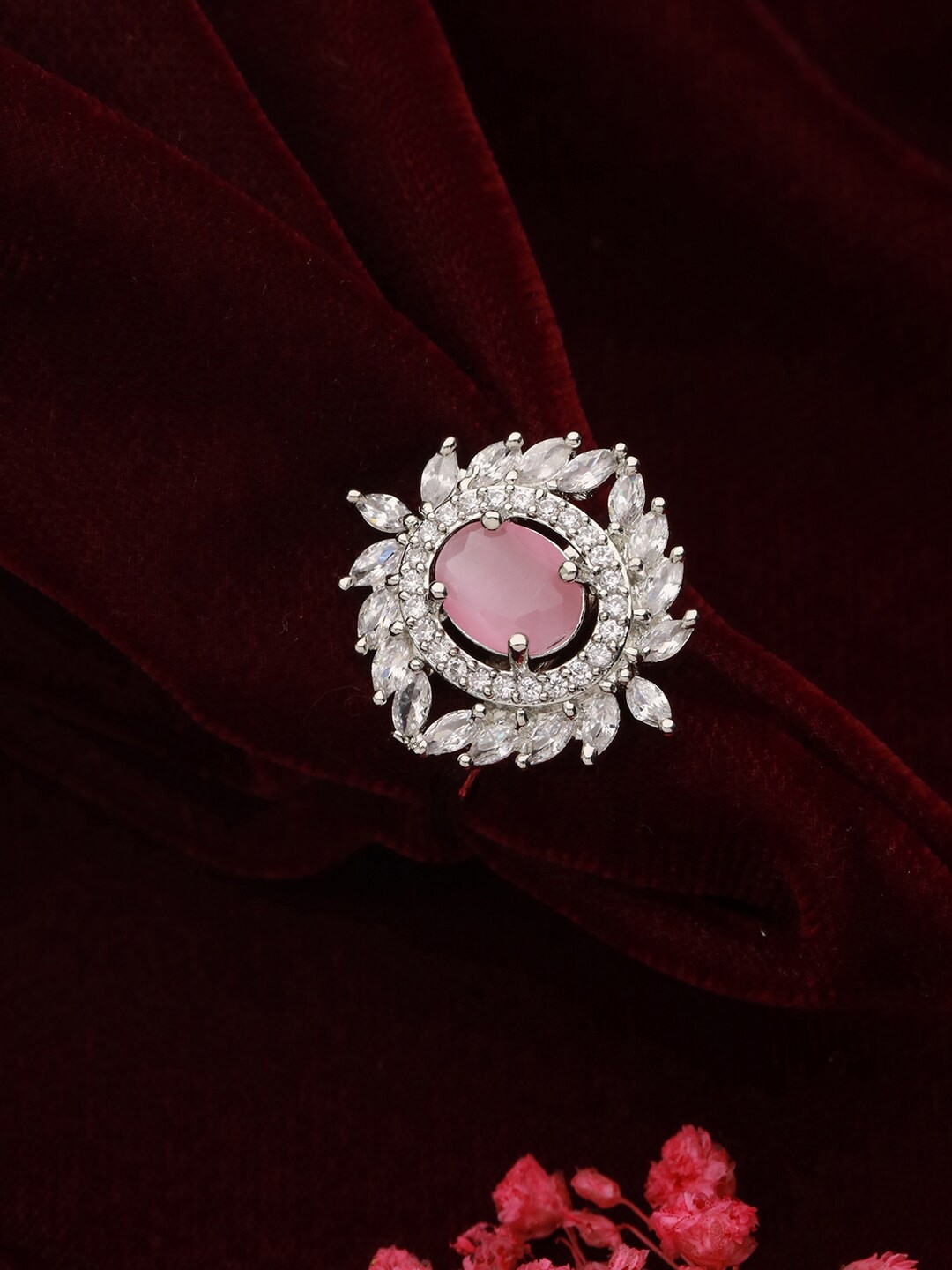 

Priyaasi Silver-Plated Flower Leaf AD-Studded Finger Ring