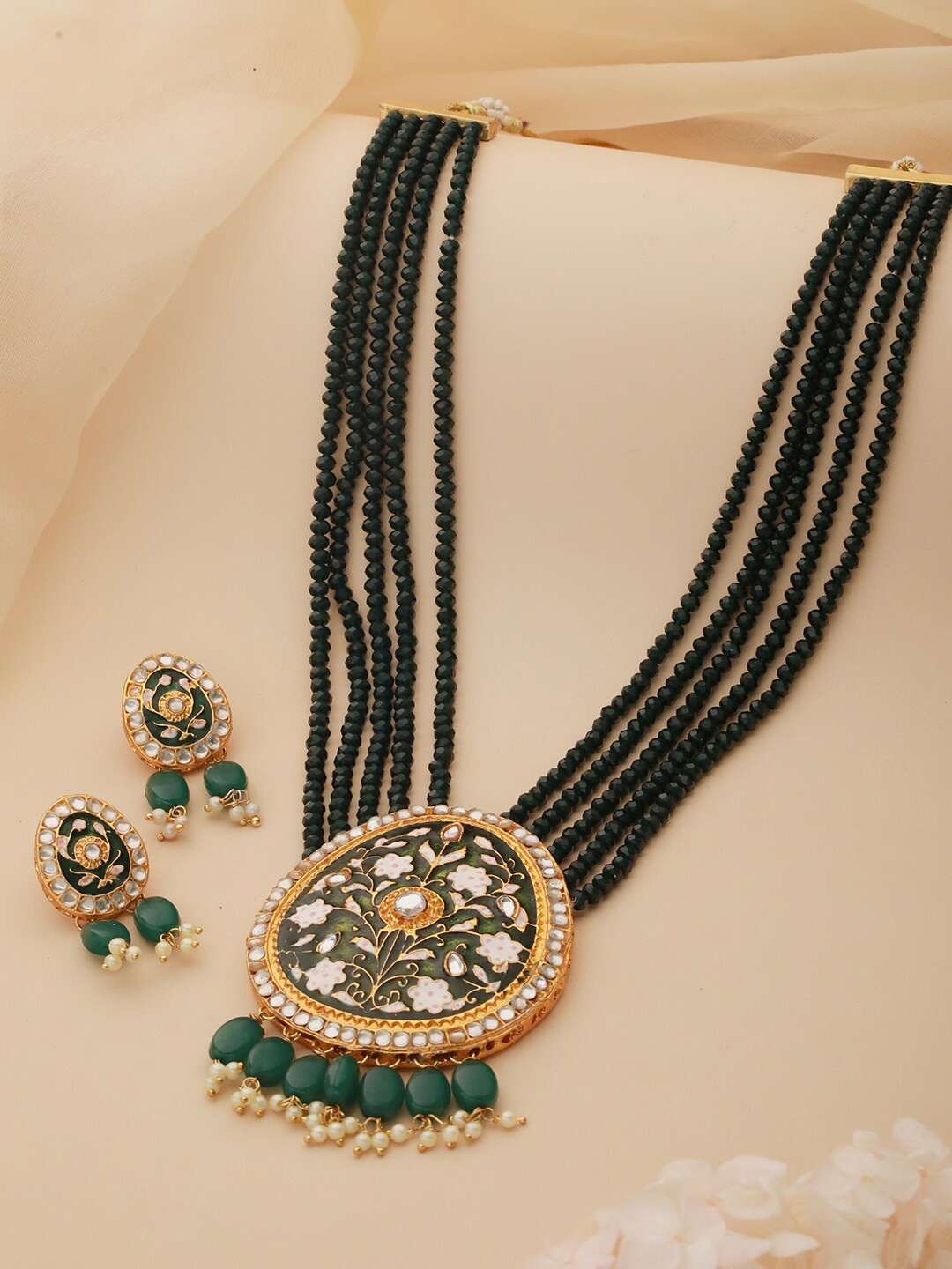 

Priyaasi Gold-Plated Stone Studded & Beaded Meenakari Jewellery Set