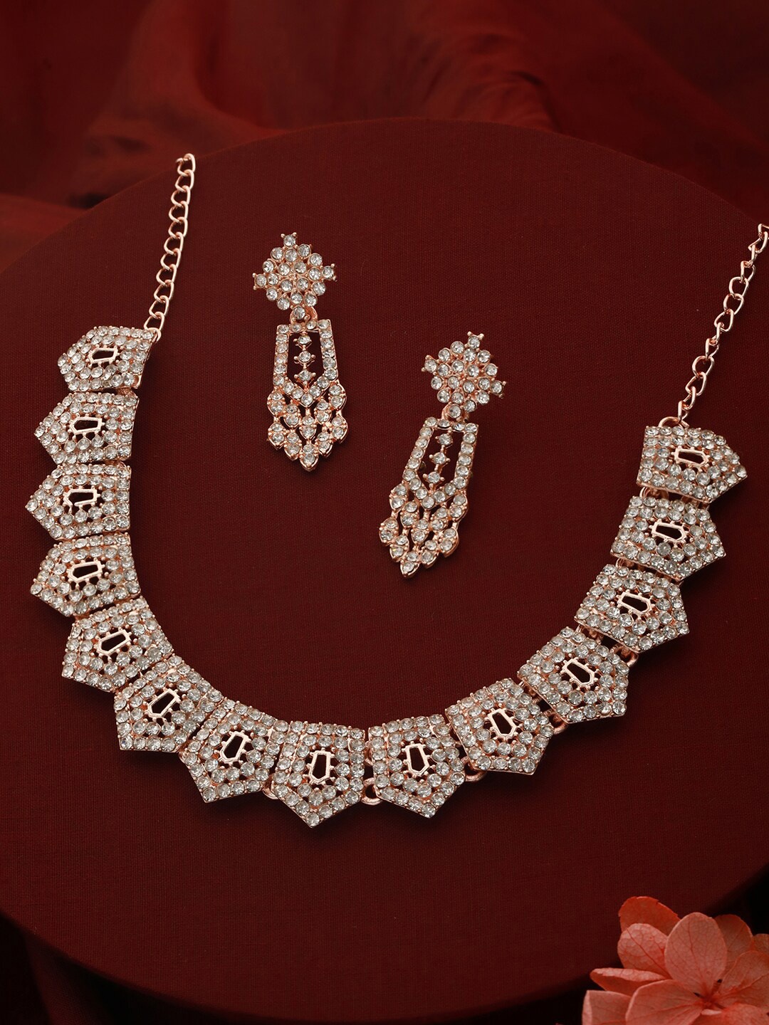 

Priyaasi Rose Gold-Plated Stone-Studded Geometric Shaped Jewellery Set