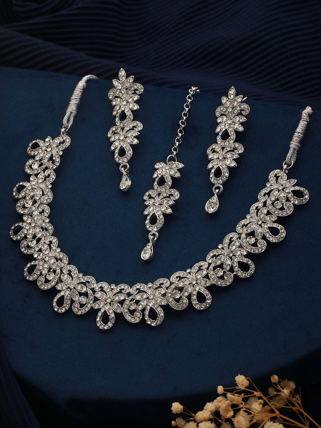 

Priyaasi Silver-Plated Stone-Studded Necklace With Earrings & Maang Tikka