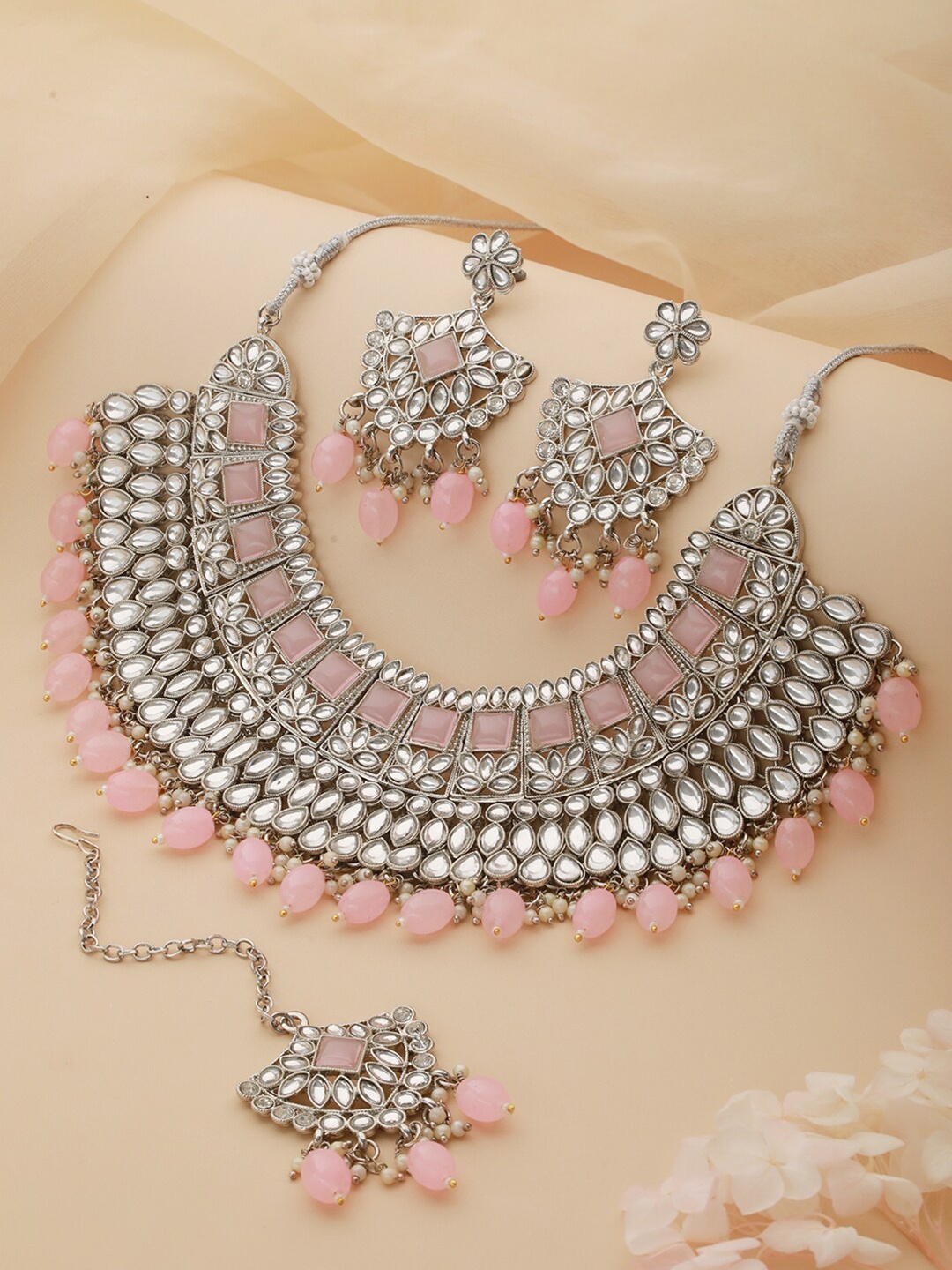 

Priyaasi Silver-Plated Stone Studded & Beaded Necklace With Earrings & Maang Tika