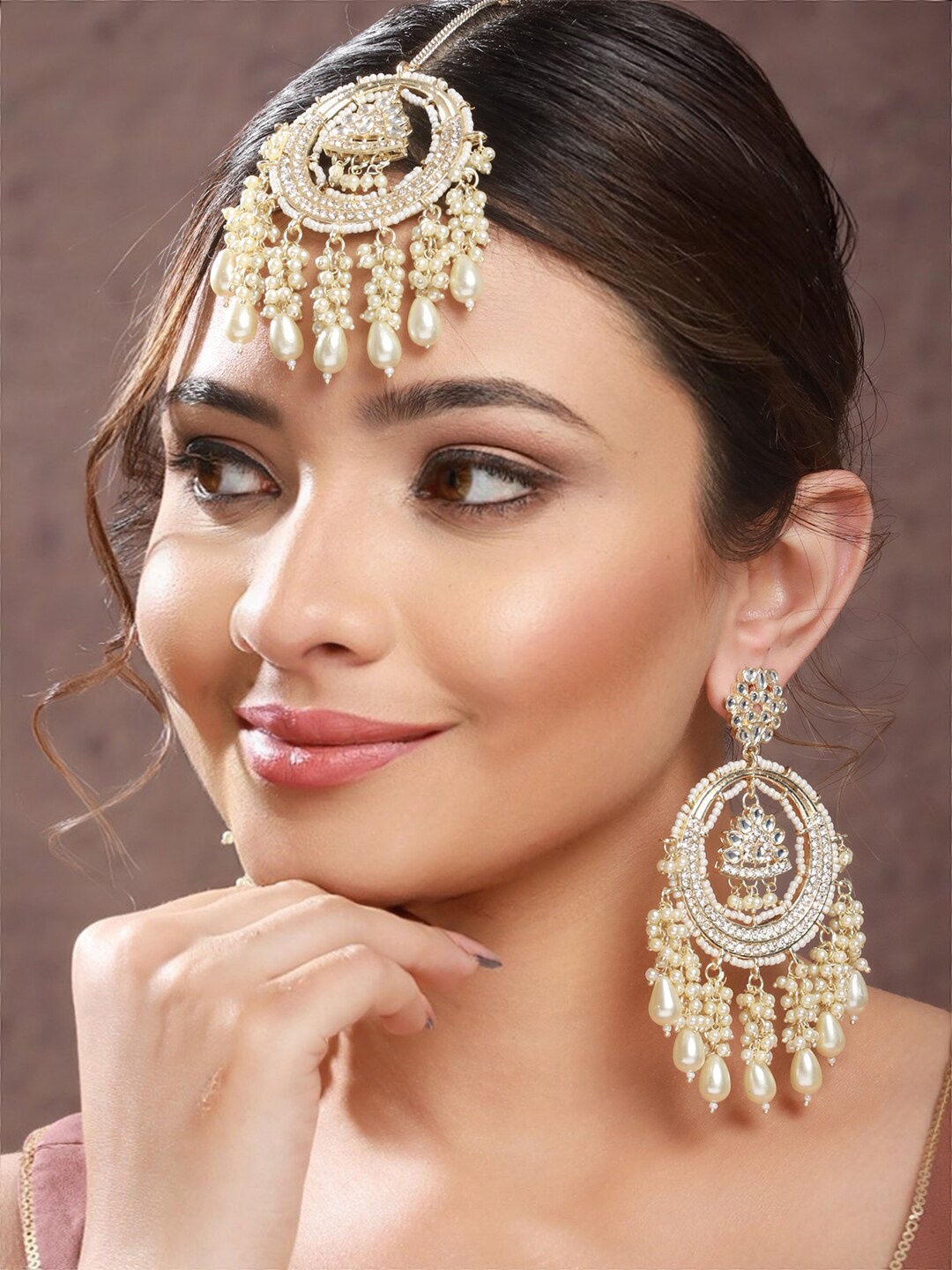

Priyaasi Gold-Plated Contemporary Earrings with Maang Tika