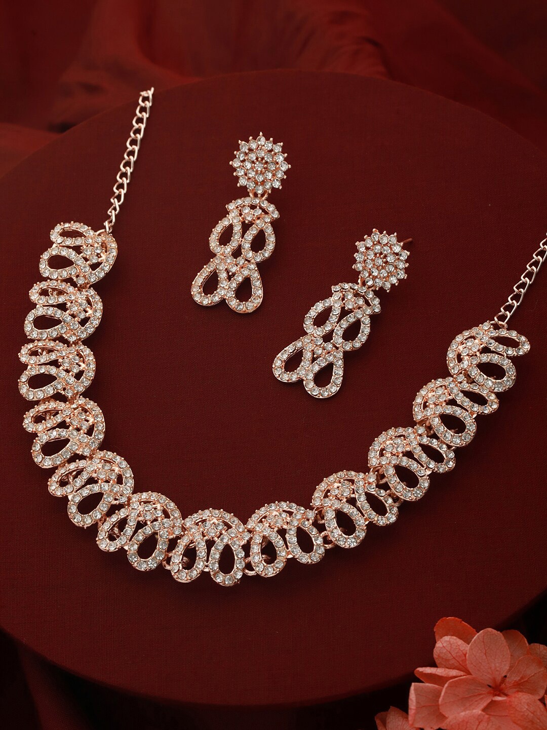 

Priyaasi Rose Gold-Plated Stone Studded Necklace With Earrings