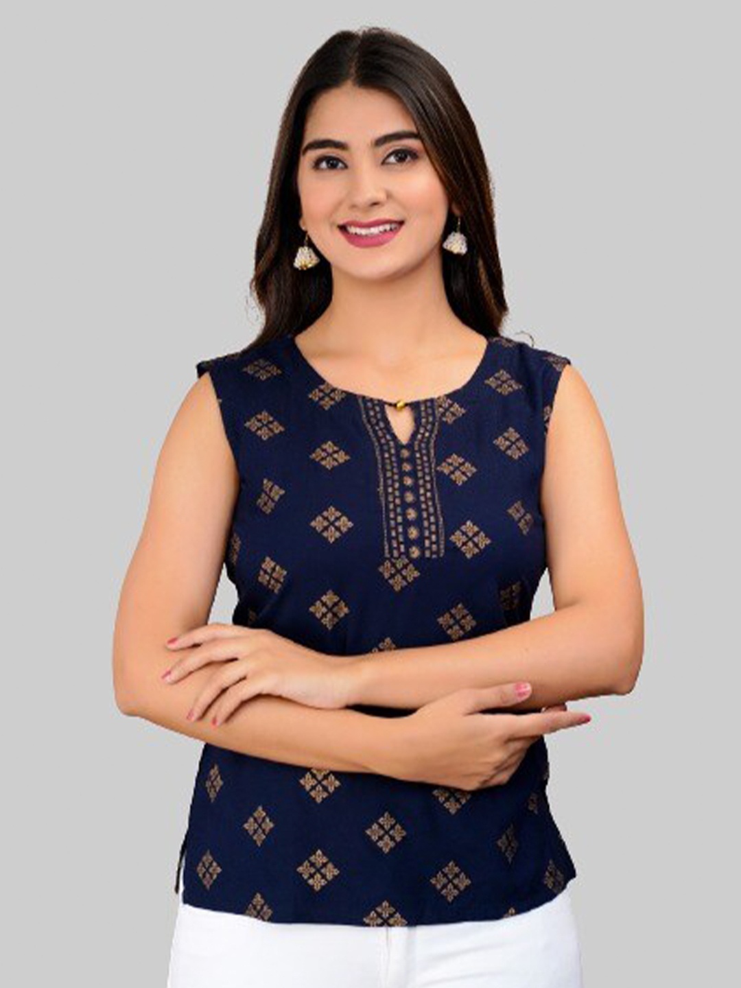 

BAESD Floral Printed Keyhole Neck Top, Navy blue