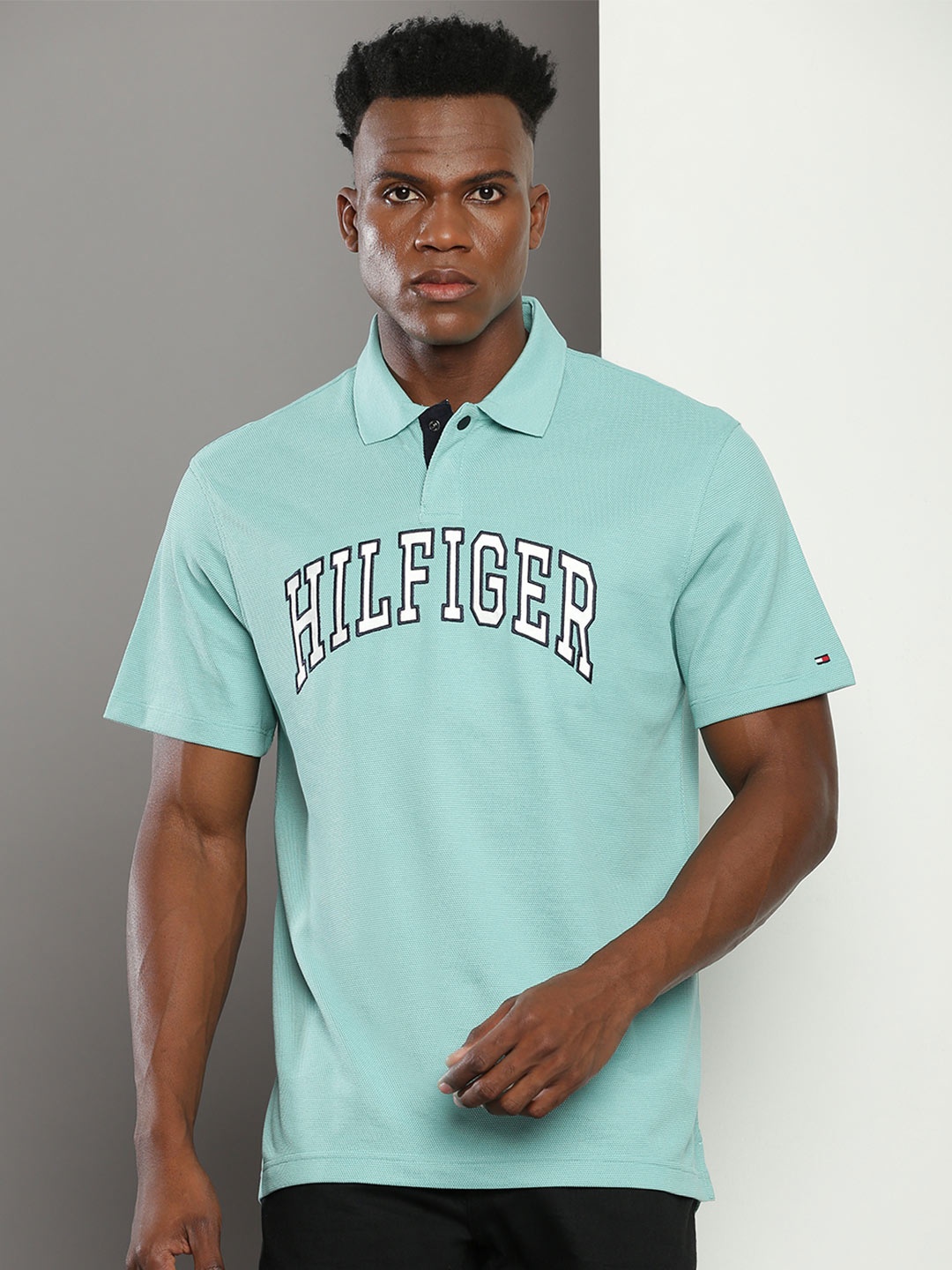Tommy Hilfiger Typography Printed Polo Collar Applique T-shirt, Blue